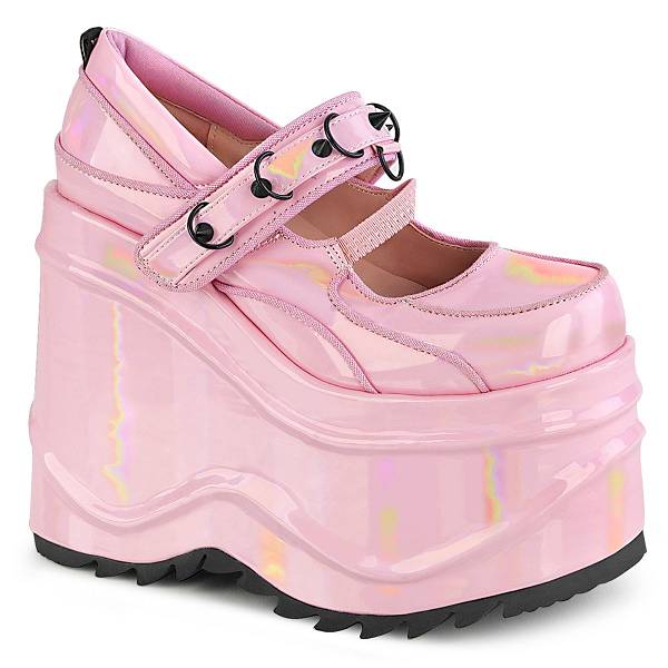 Demonia Women's Wave-48 Wedge Platform Mary Janes - Baby Pink Hologram Patent D1785-63US Clearance